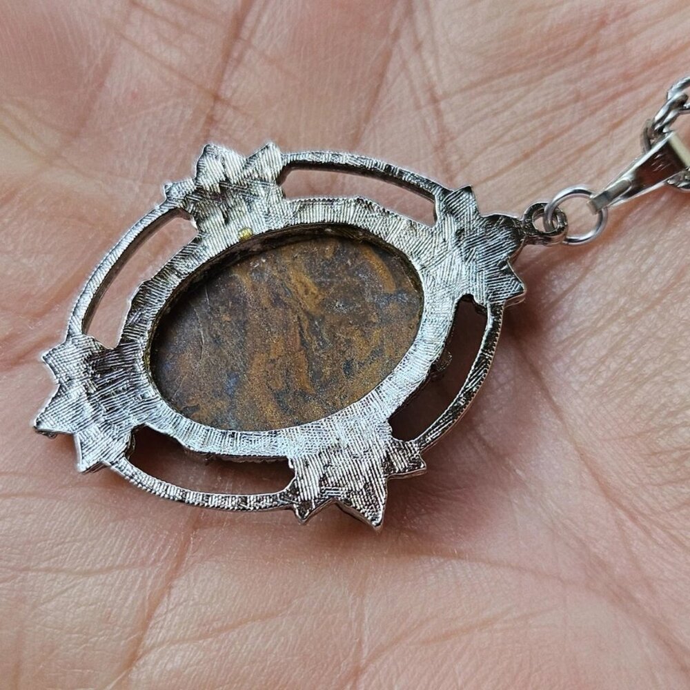 Vintage Pendant Women Necklace Brown Stone Silver Tone Chain Fashion Jewelry - Picture 4 of 12